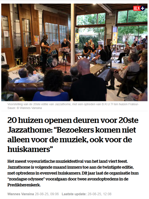 Voorstelling van de 20ste editie van Jazzathome, met een optreden van B.R.U.T! ten huizen Frateur-Sauer. © Wannes Vansina